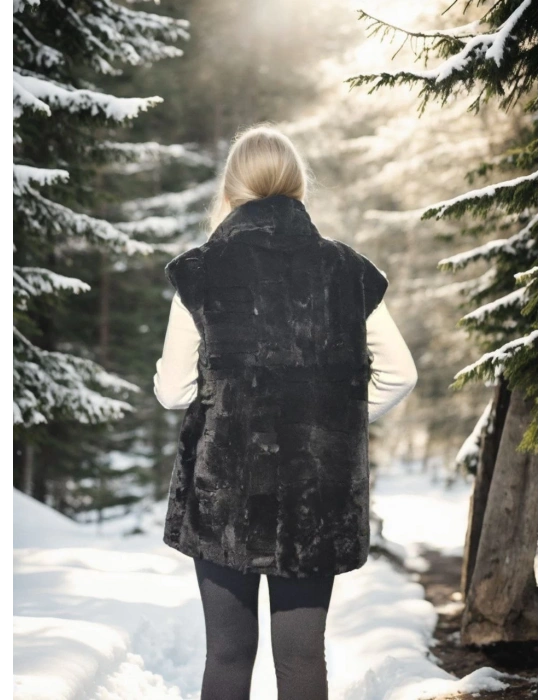 Kadın Kolsuz Hakiki Yelek - Siyah