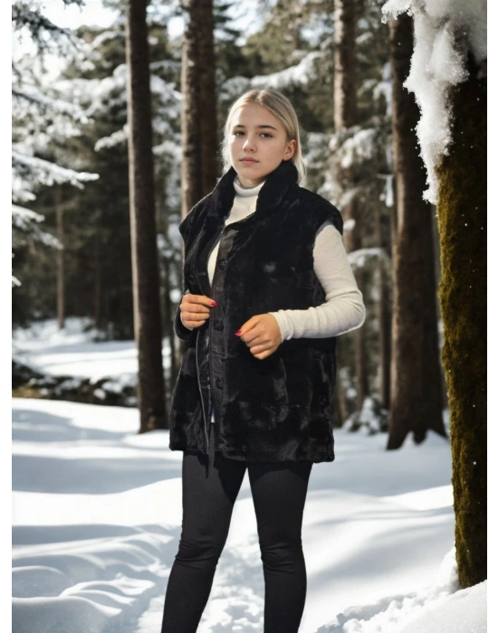 Kadın Kolsuz Hakiki Yelek - Siyah