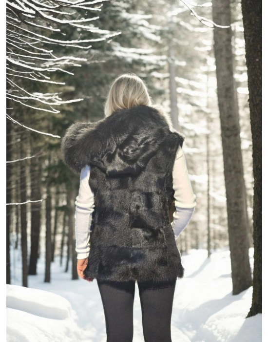 Kadın Kolsuz Kapüşonlu Yelek - Siyah