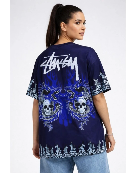 Kadın Lacivert Oversize Tişört Dragon & Kuru Kafa Baskılı Bisiklet Yaka T-Shirt - Lacivert