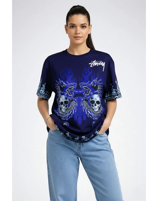 Kadın Lacivert Oversize Tişört Dragon & Kuru Kafa Baskılı Bisiklet Yaka T-Shirt - Lacivert