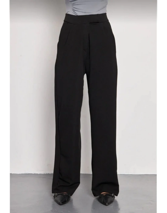 Kadin Likralı Cirt Kapama Siyah Palazzo Pantolon - Siyah