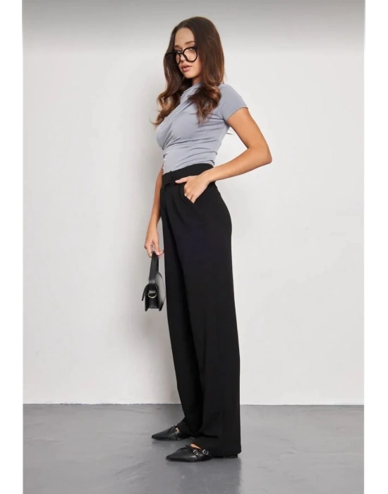 Kadin Likralı Cirt Kapama Siyah Palazzo Pantolon - Siyah
