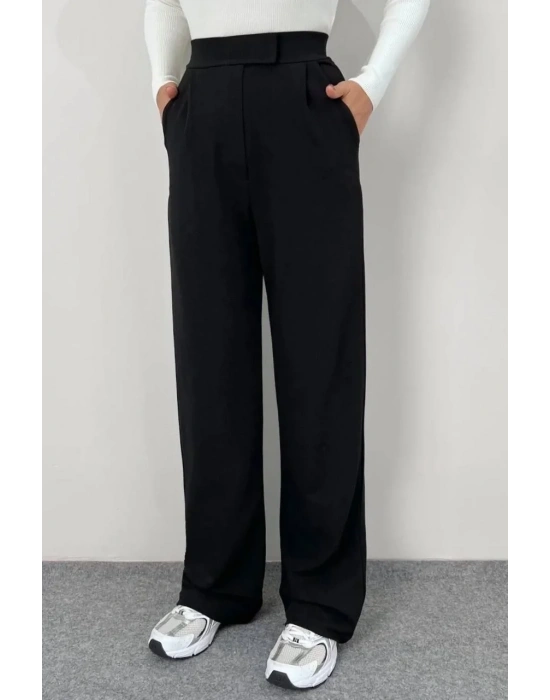 Kadin Likralı Cirt Kapama Siyah Palazzo Pantolon - Siyah