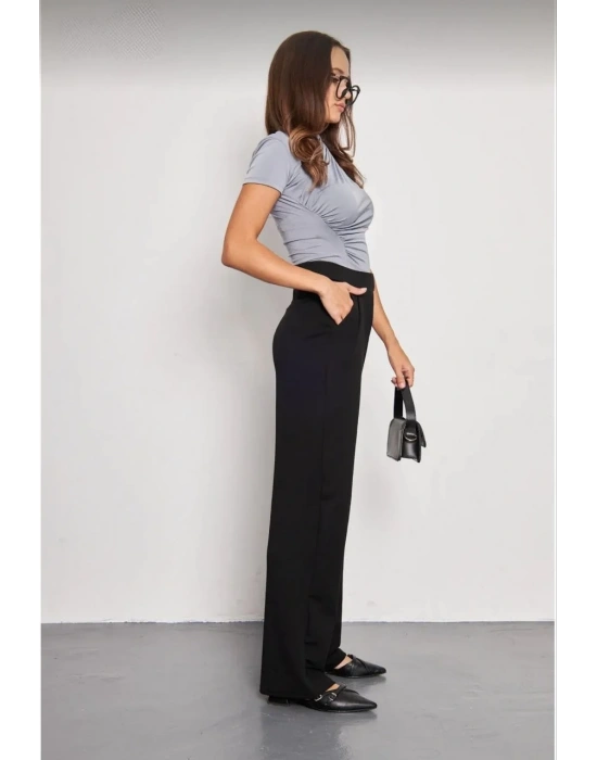 Kadin Likralı Cirt Kapama Siyah Palazzo Pantolon - Siyah