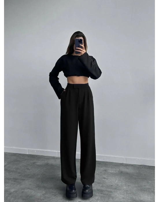 Kadin Likralı Cirt Kapama Siyah Palazzo Pantolon - Siyah