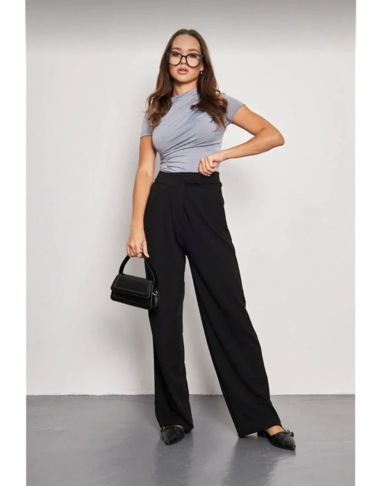 Kadin Likralı Cirt Kapama Siyah Palazzo Pantolon - Siyah