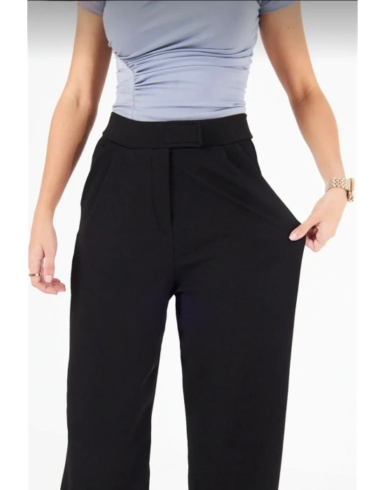 Kadin Likralı Cirt Kapama Siyah Palazzo Pantolon - Siyah