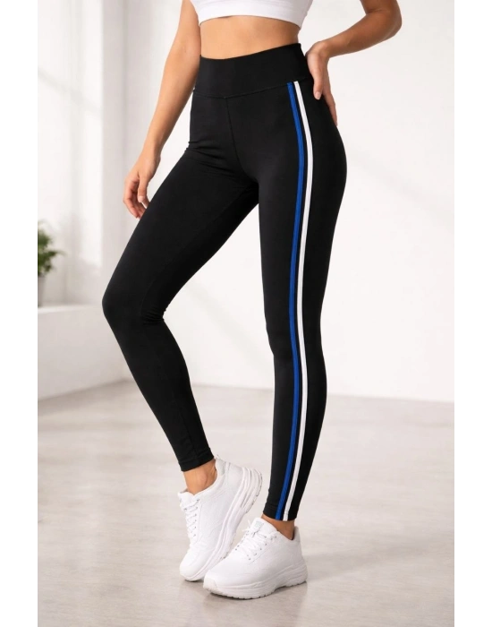 Kadın Likralı Yan Beyaz Mavi Şeritli Detaylı Tayt - Siyah