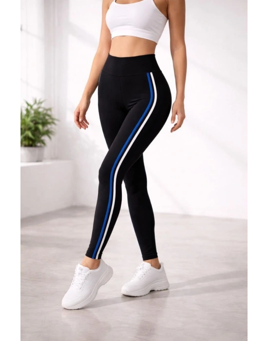 Kadın Likralı Yan Beyaz Mavi Şeritli Detaylı Tayt - Siyah