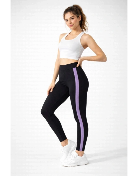 Kadın Likralı Yan Lila Şeritli Detaylı Tayt - Siyah