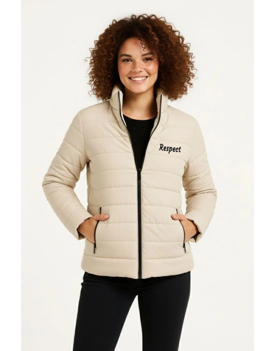 Kadın Mikro Su İtici Kapitone Baskılı Astarlı Fermuarlı Bomber Mont - Bej