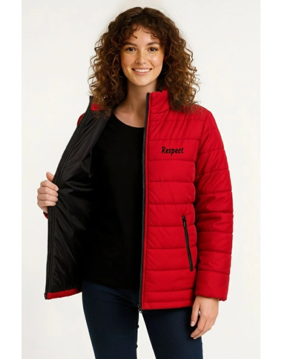 Kadın Mikro Su İtici Kapitone Baskılı Astarlı Fermuarlı Bomber Mont - Kırmızı