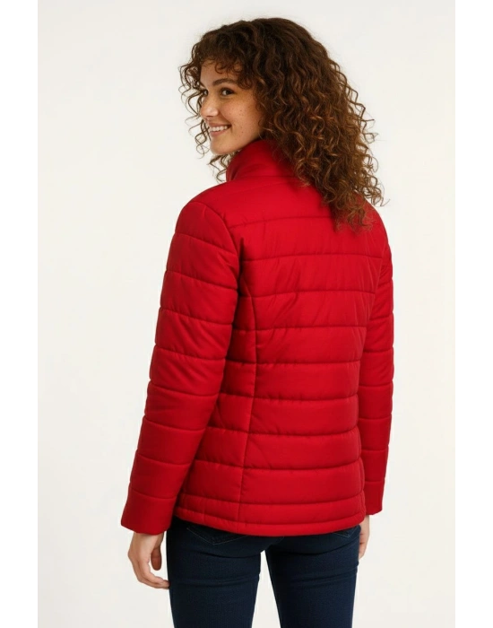 Kadın Mikro Su İtici Kapitone Baskılı Astarlı Fermuarlı Bomber Mont - Kırmızı