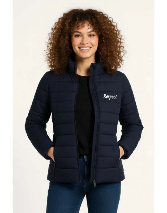 Kadın Mikro Su İtici Kapitone Baskılı Astarlı Fermuarlı Bomber Mont - Lacivert