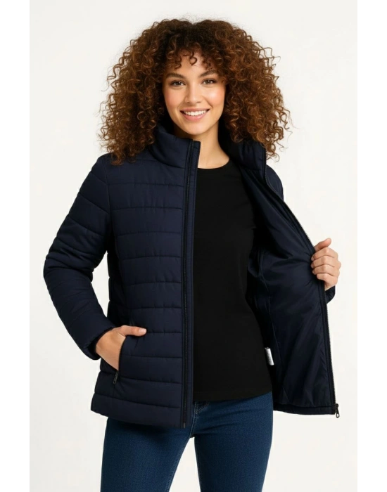 Kadın Mikro Su İtici Kapitone Baskılı Astarlı Fermuarlı Bomber Mont - Lacivert