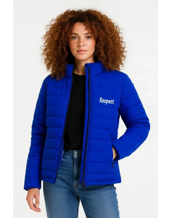 Kadın Mikro Su İtici Kapitone Baskılı Astarlı Fermuarlı Bomber Mont - Saks Mavisi