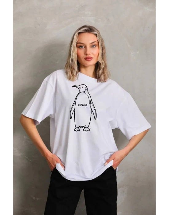 Kadın Nihilist Penguen Özel Tasarım Oversize Bisiklet Yaka Tişört - Beyaz