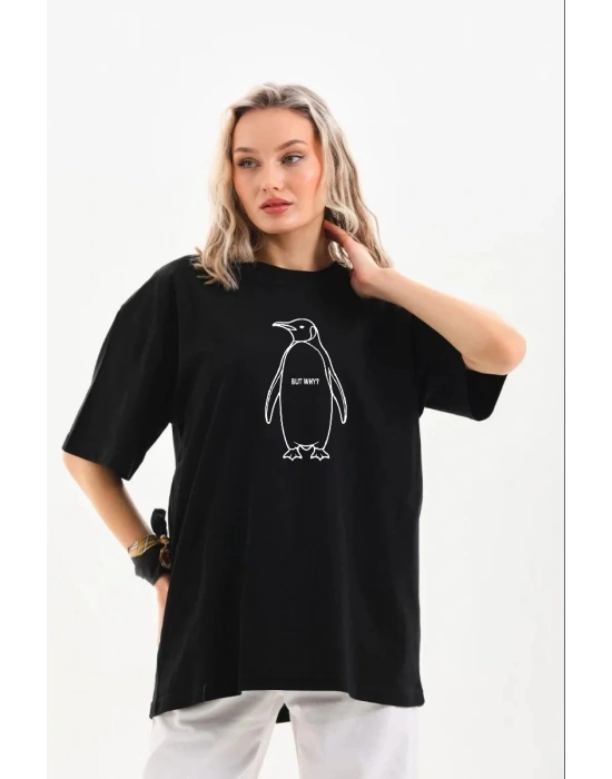 Kadın Nihilist Penguen Özel Tasarım Oversize Bisiklet Yaka Tişört - Siyah