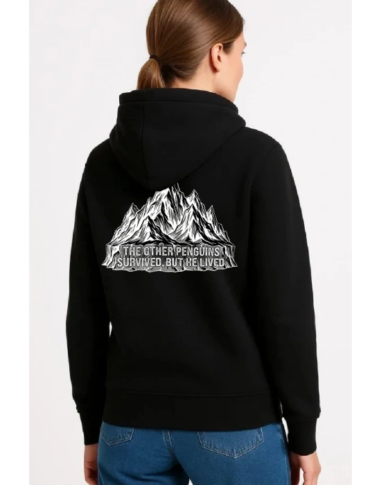 Kadın Nihilist Penguen Temalı Oversize Kapüşonlu Sweatshirt - Siyah