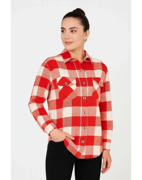 Kadın Oduncu Gömlek Uzun Kollu Şardonlu Kırmızı Beyaz Kareli Desen Regular Fit - Bordo