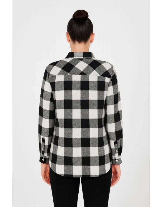 Kadın Oduncu Gömlek Uzun Kollu Şardonlu Kırmızı Beyaz Kareli Desen Regular Fit - Siyah