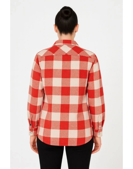 Kadın Oduncu Gömlek Uzun Kollu Şardonlu Kırmızı Beyaz Kareli Desen Regular Fit - Bordo