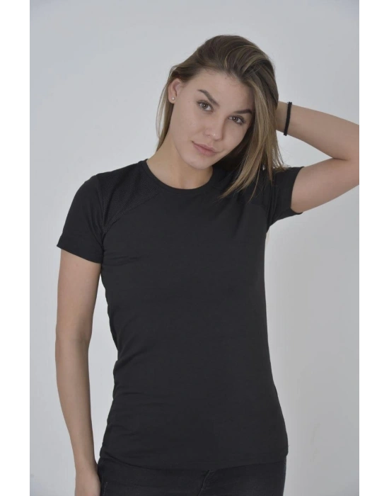Kadın Omuz Fileli Slim Fit T-shirt - Siyah