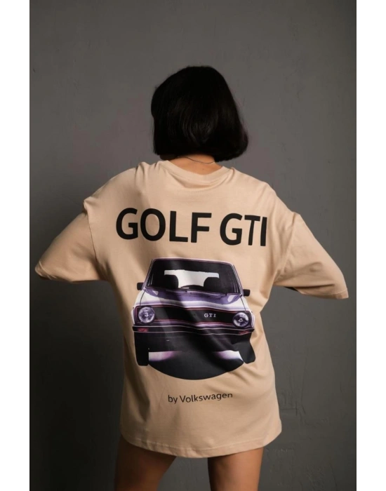 Kadın Oversize Baskılı Tişört Golf GTI Retro Araba Desenli Ön Arka Dijital Baskı - Bej