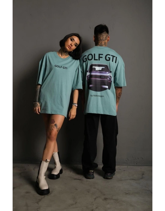 Kadın Oversize Baskılı Tişört Golf GTI Retro Araba Desenli Ön Arka Dijital - Mint Yeşili