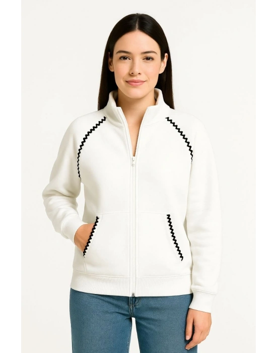 Kadın Oversize Dik Yaka Fermuarlı Sweatshirt - Zincir Nakışli Kanguru Cepli, - Beyaz