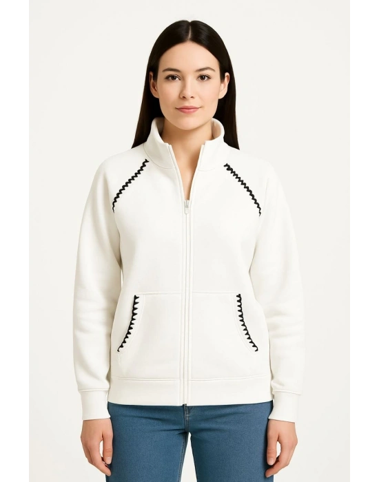 Kadın Oversize Dik Yaka Fermuarlı Sweatshirt - Zincir Nakışli Kanguru Cepli, - Beyaz