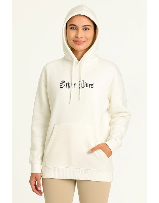 Kadın Oversize Üç İplik Şardonlu Kapüşonlu Sweatshirt Beyaz Other Lives Ön ve Arka Baskılı