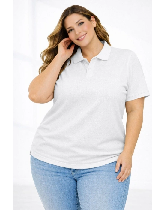 Kadın Pike Kumaş Düğmeli Yaka Battal Büyük Beden Günlük Kısa kol Tişört T-shirt - Beyaz