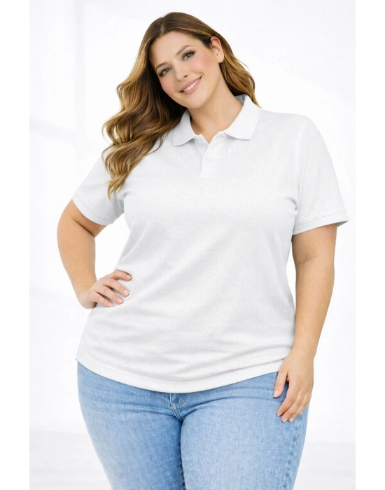 Kadın Pike Kumaş Düğmeli Yaka Battal Büyük Beden Günlük Kısa kol Tişört T-shirt - Beyaz