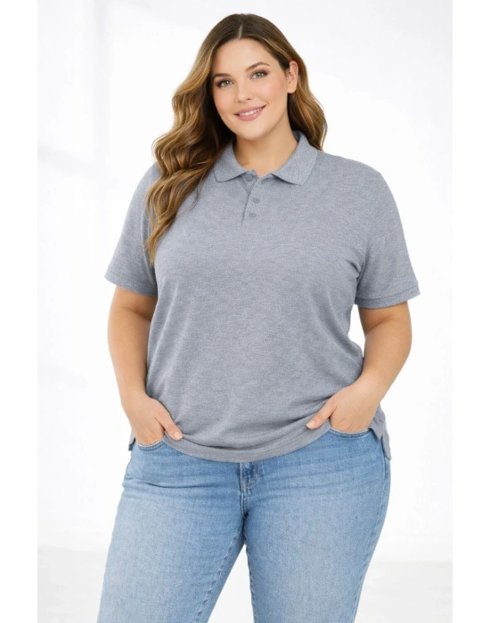 Kadın Pike Kumaş Düğmeli Yaka Battal Büyük Beden Günlük Kısa kol Tişört T-shirt - Gri