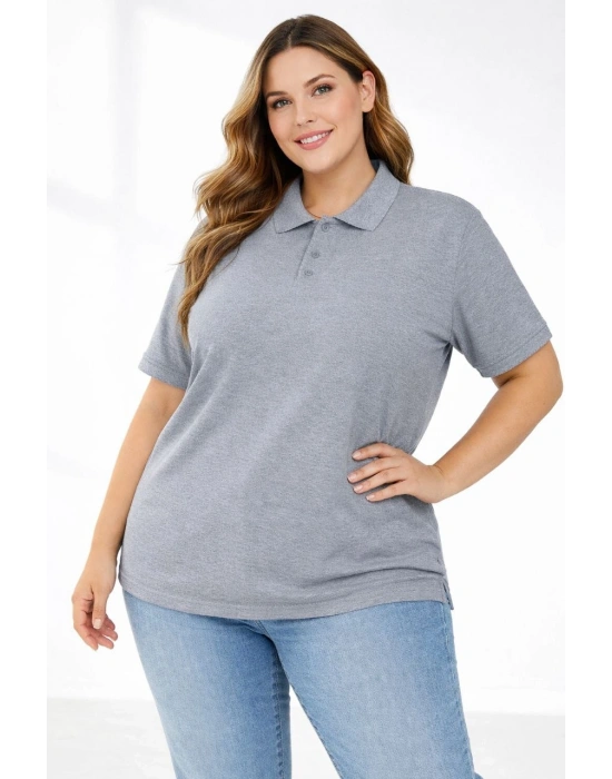 Kadın Pike Kumaş Düğmeli Yaka Battal Büyük Beden Günlük Kısa kol Tişört T-shirt - Gri