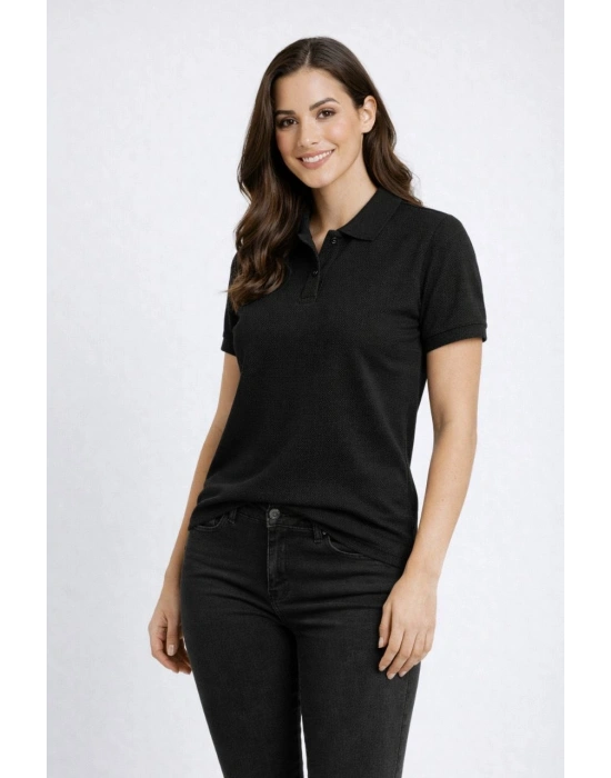 Kadın Pike Kumaş Düğmeli Yaka Regular Rahat Günlük Kısa kol Tişört T-shirt - Siyah