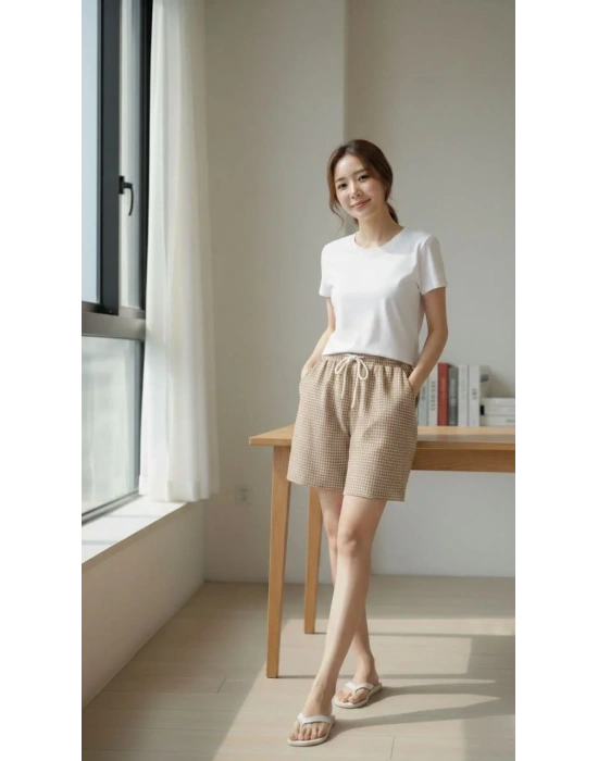 Kadın Pötikareli Şort Beli Lastikli Bağcıklı Cepli Kesim Şort - Bej