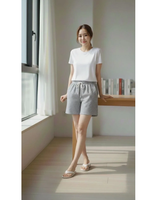 Kadın Pötikareli Şort Beli Lastikli Bağcıklı Cepli Kesim Şort - Füme