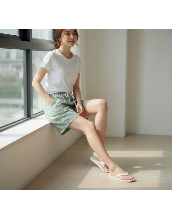 Kadın Pötikareli Şort Beli Lastikli Bağcıklı Cepli Kesim Şort - Mint Yeşili