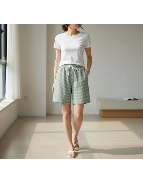 Kadın Pötikareli Şort Beli Lastikli Bağcıklı Cepli Kesim Şort - Mint Yeşili