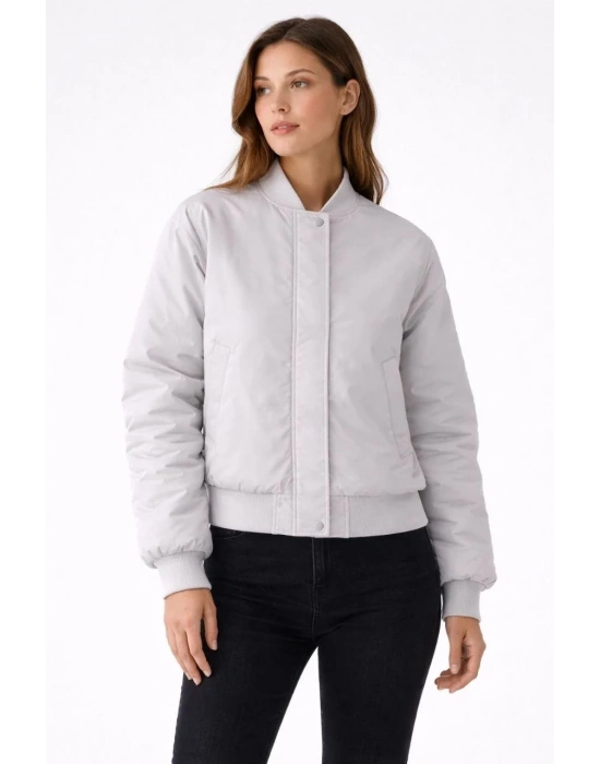 Kadın Premium Bomber Ceket Çıtçıt Kapamalı, Ribana Manşetli, Astarlı, Regular Fit Mont - Beyaz