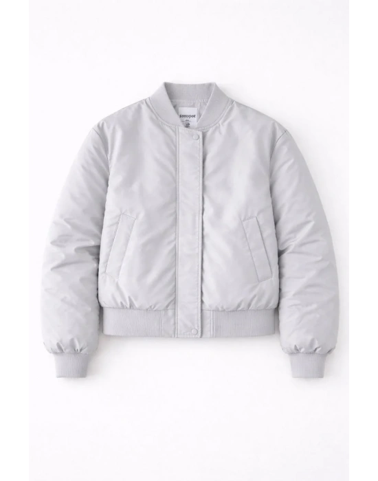 Kadın Premium Bomber Ceket Çıtçıt Kapamalı, Ribana Manşetli, Astarlı, Regular Fit Mont - Beyaz