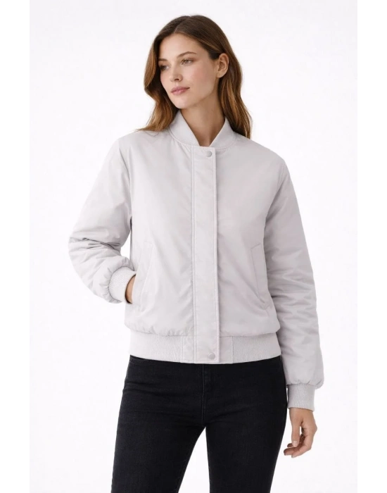 Kadın Premium Bomber Ceket Çıtçıt Kapamalı, Ribana Manşetli, Astarlı, Regular Fit Mont - Beyaz