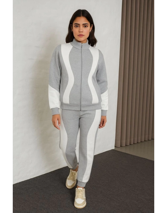 Kadın Premium Parçalı Eşofman Takım - Dik Yaka Fermuarlı Sweatshirt - Gri