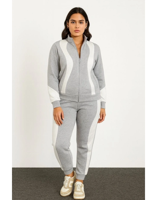 Kadın Premium Parçalı Eşofman Takım - Dik Yaka Fermuarlı Sweatshirt - Gri