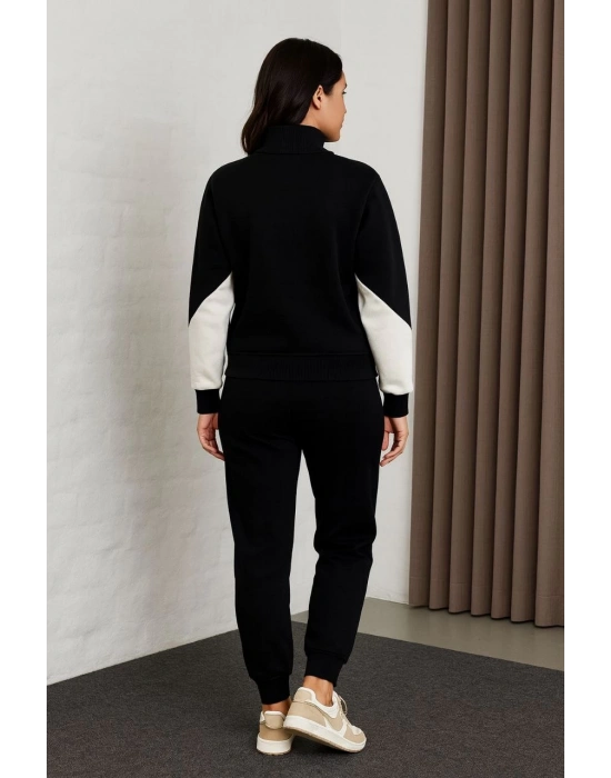Kadın Premium Parçalı Eşofman Takım - Dik Yaka Fermuarlı Sweatshirt - Siyah
