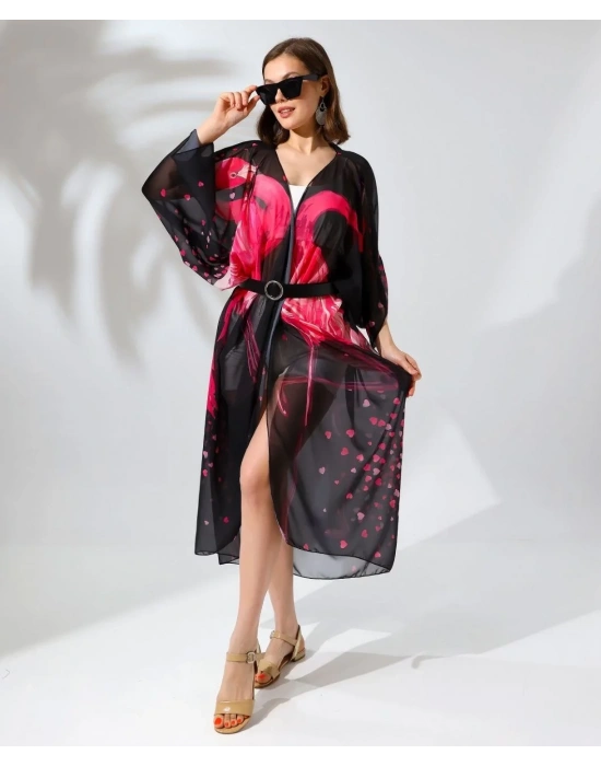 Kadın Rahat Kesim Şifon Kimono - Siyah