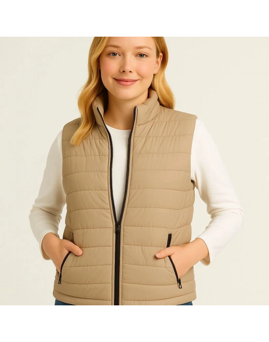 Kadın Şişme Fermuarlı Yelek Su itici Kapitone Astarlı Cepli Hafif Spor Kalıp - Bej